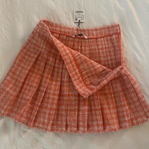 Zara Coral-White Tweed Pleated Mini Skirt